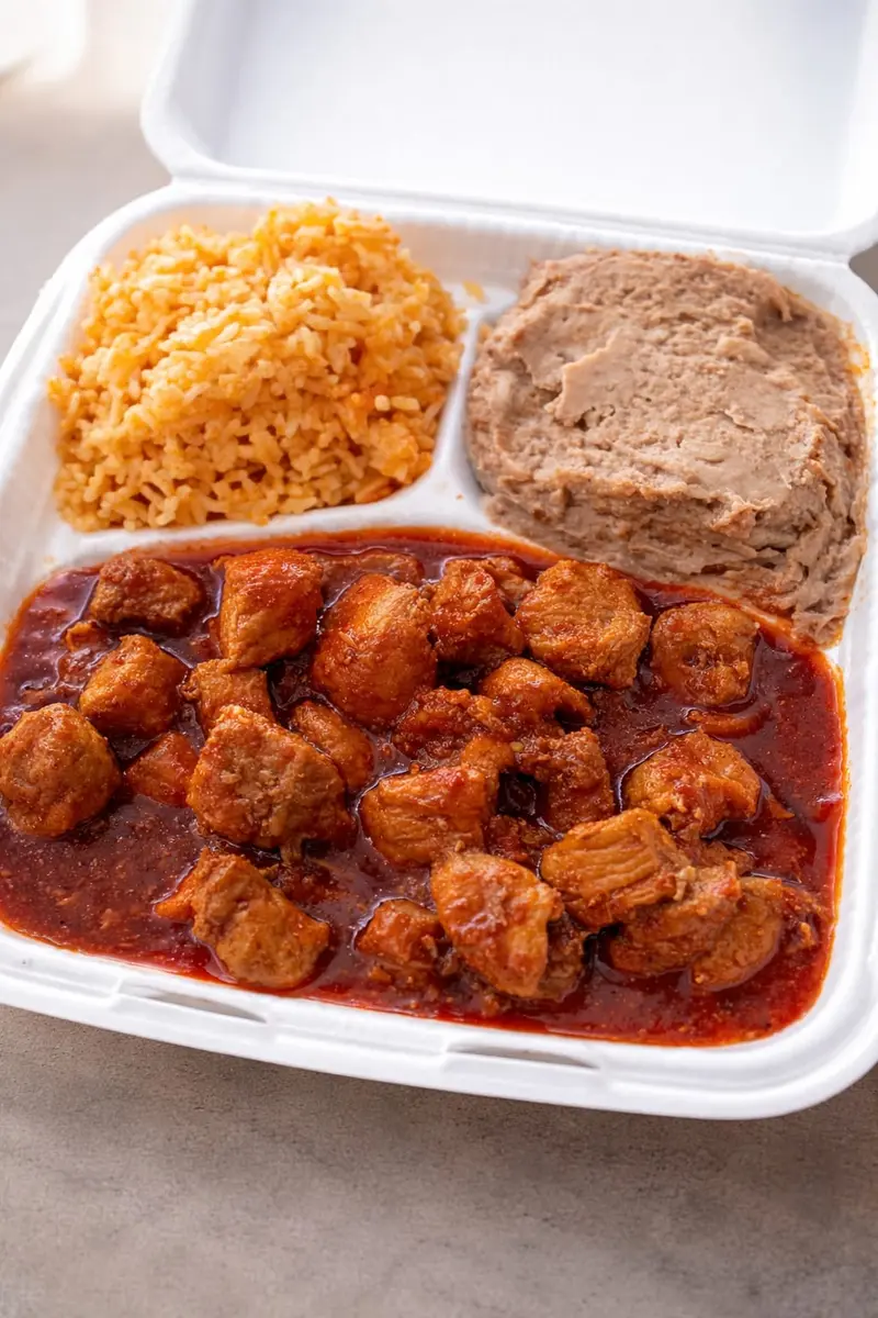 Platillo Asado de puerco con frijoles refritos y arroz - Mi Favorita Juárez